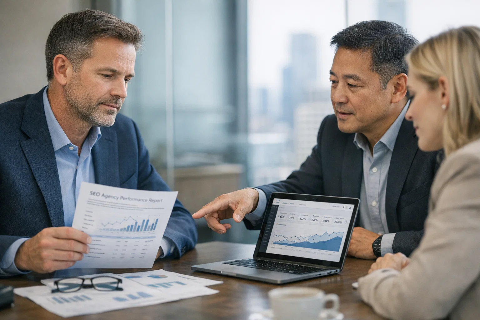 SEO traffic growth consultation with agency team reviewing reports and campaign results.