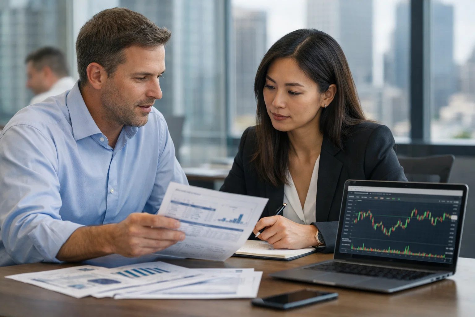 Trading platform client meeting with advisors reviewing charts.